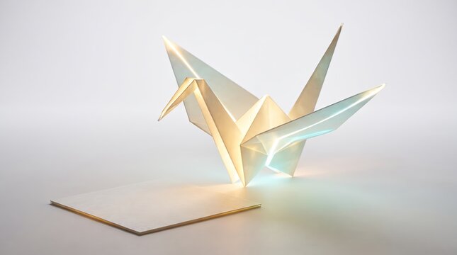 An origami crane glows with 3D folded light