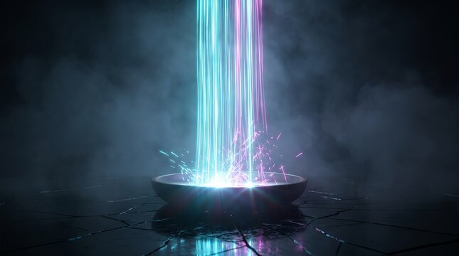 Cracked stone bowl catches falling 3D light beams