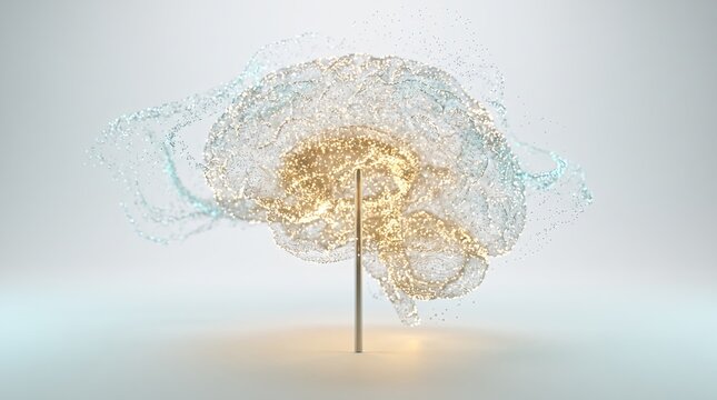 Ethereal 3D brain sparkles above a slender rod