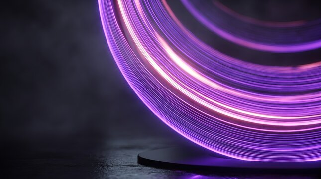 Violet 3D light trails spiral into a glowing disc