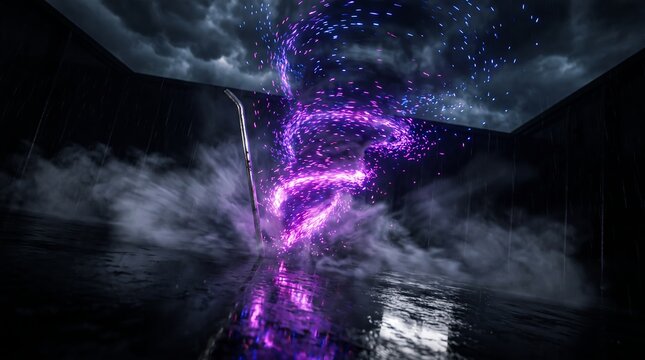 A stormy 3D vortex swirls sparks through the rain