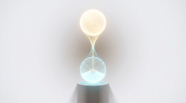Golden particles trickle through a 3D glass hourglass