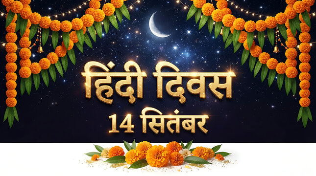Dark blue starry night sky background, festive golden Hindi text "हिंदी दिवस", date "14 सितंबर" in white, orange marigold flower garlands hanging from top