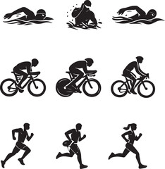 Naklejka premium Triathlon icons set swimming running cycling sports athlete competition silhouette vector