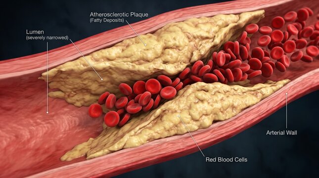 3D Illustration of Atherosclerotic Plaque Narrowing a Human Artery