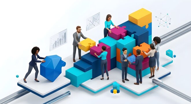 Premium isometric 3D illustration of a diverse professional team assembling giant colorful puzzle blocks into a growing structure, symbolizing teamwork, corporate strategy, integration, and problem so