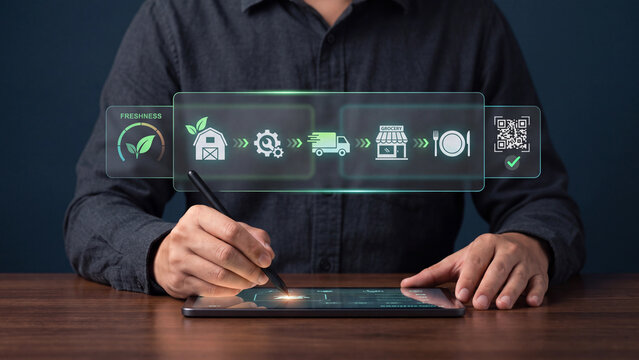 Food supply chain traceability and freshness quality concept. Man using tablet with farm, processing, delivery transport, grocery store and QR code for food safety and inspection control