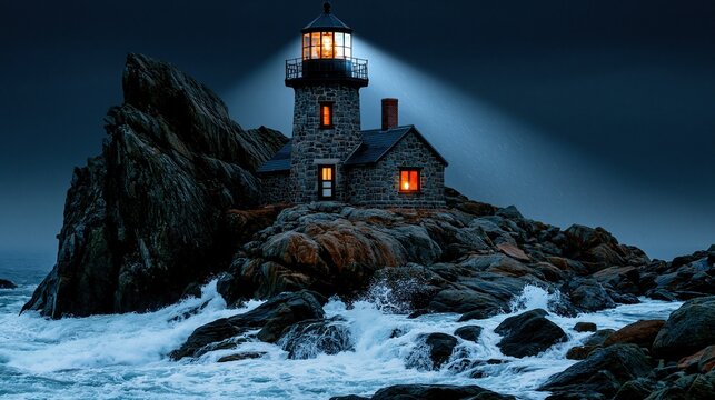Old stone lighthouse with warm glowing light beams standing on rocky cliff next to crashing ocean waves during dark stormy rainy night showing guidance and hope concept