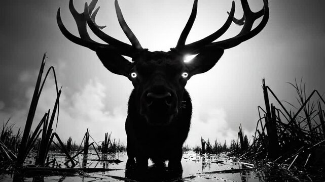 Black and white spooky stag standing in swamp water, glowing eyes against a bright, cloudy sky