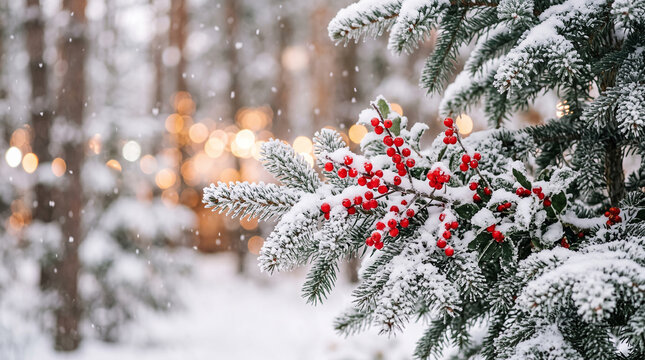 Frosted winter pine branches adorned with vibrant red berries perfect for classic natural holiday aesthetics and fresh outdoor seasonal background designs