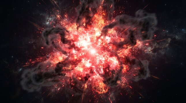 Supernova explosion of red star with smoke particles bursting in deep dark space universe.