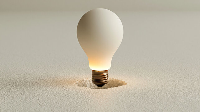 Conceptual 3D scene of a glowing light bulb emerging through a clean concrete opening, bright minimal background symbolizing unconventional thinking and exceeding expectations, light bulb,