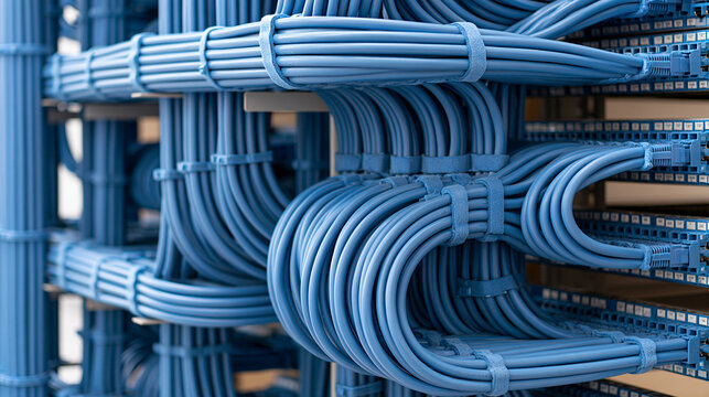 Intricate structured network of neatly routed blue cables inside a modern server facility, bright clean white-blue lighting, precise cable trays and organized patch panels, data center,