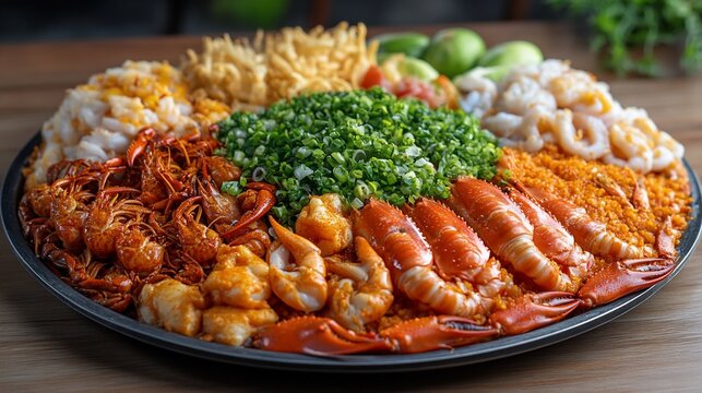 Uma grande travessa de frutos do mar com arroz, incluindo camar&atilde;o, caranguejo e cebolinha.