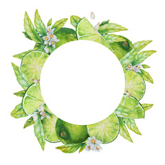 Fototapeta premium Watercolor round frame with green limes, leaves, blossoms and slices in a realistic botanical style. Ideal for food packaging, beverage branding, cosmetics, labels, wedding stationery and summer desig