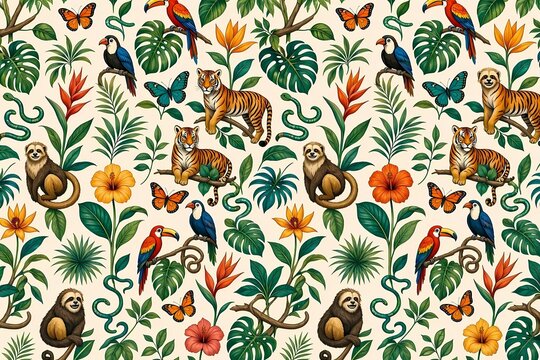 Seamless jungle wildlife pattern featuring tigers monkeys sloths exotic birds and tropical flowers on a cream background with lush monstera leaves