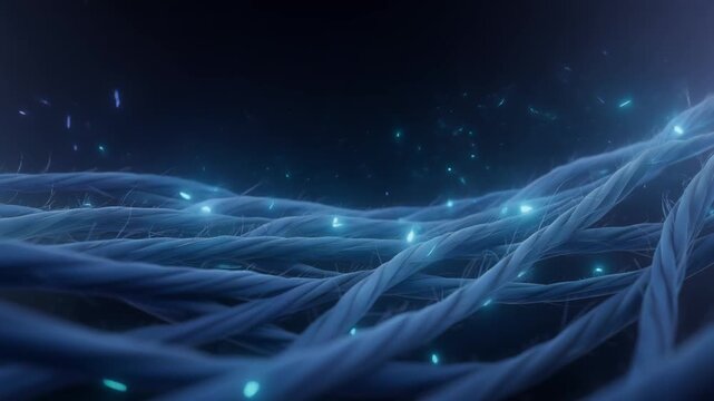 Glowing particles drifting along blue fibers, abstract microscopic background