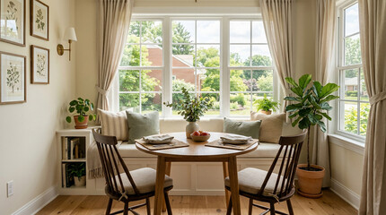 Fototapeta premium Cozy sunlit breakfast nook with a round wooden table, comfortable seating, and lush indoor plants by a large window