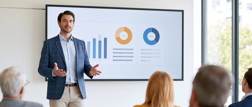 Professional businessman presenting financial charts and business performance data to colleagues in a modern corporate meeting room.