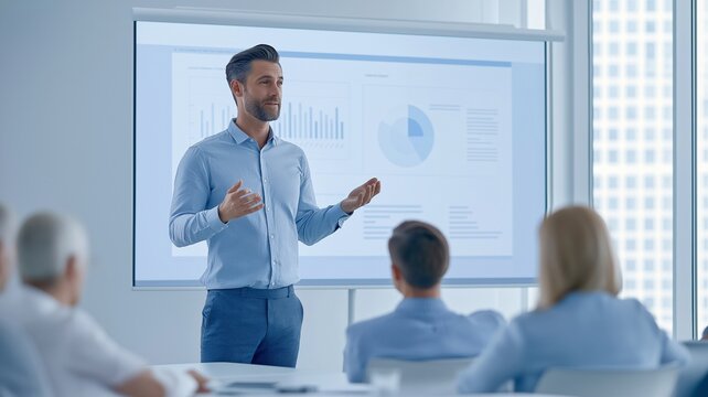 Professional businessman presenting financial charts and business performance data to colleagues in a modern corporate meeting room.