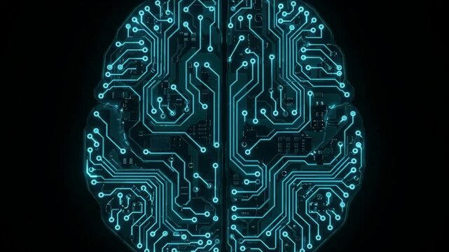 Futuristic digital animation of a glowing blue electronic circuit board in the shape of a human brain on a black background.