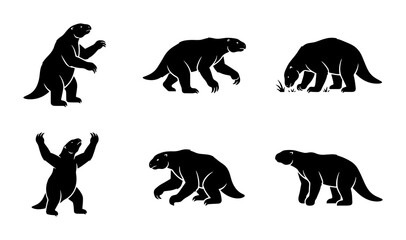 Naklejka premium 70 Set of Six Black Silhouette Illustrations of Ground Sloths in Various Poses, Ancient Mammal Vector Graphics for Educational and Design Projects 100