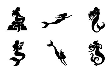 Obraz premium 70 Six Silhouette Mermaid Vector Icons, Mythical Sea Creatures Collection, Underwater Fantasy Characters, Elegant Aquatic Fantasy Art 100
