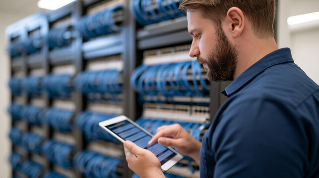 Professional data technician documenting cable connections on a tablet beside a structured rack, over-the-shoulder faceless view in bright clean server lighting, data technician, tablet,