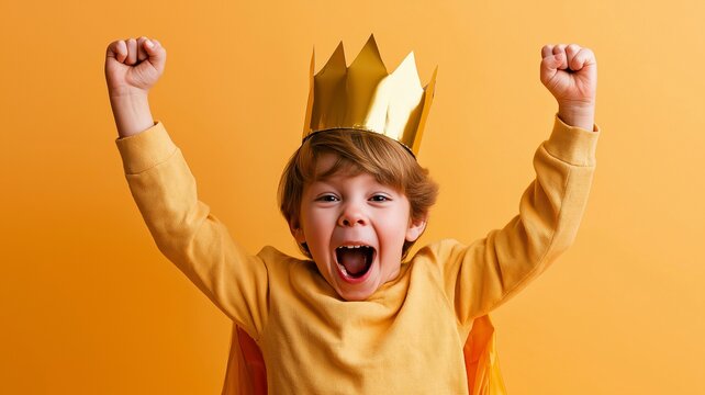 a young, enthusiastic youngster celebrates good fortune with his fists and hands during a prince party.