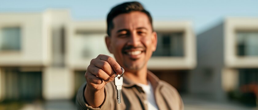 Smiling man proudly presenting a house key in front of a modern home, symbolizing homeownership, property purchase, new beginnings