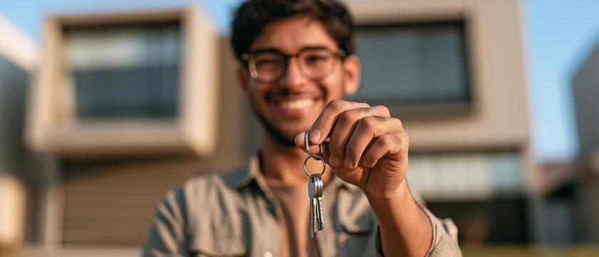 Smiling man proudly presenting a house key in front of a modern home, symbolizing homeownership, property purchase, new beginnings