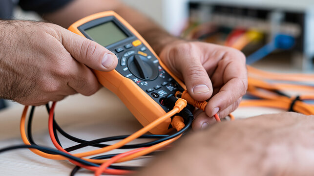 Faceless technician using a handheld cable tester on structured network wiring inside a bright clean equipment room, close-up of hands and connectors, cable tester, network technician,