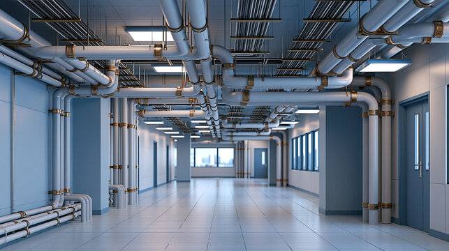 Futuristic metallic service corridor with exposed organized conduits and cable channels, bright cool white-blue lighting, clean geometric structure and technical atmosphere, futuristic