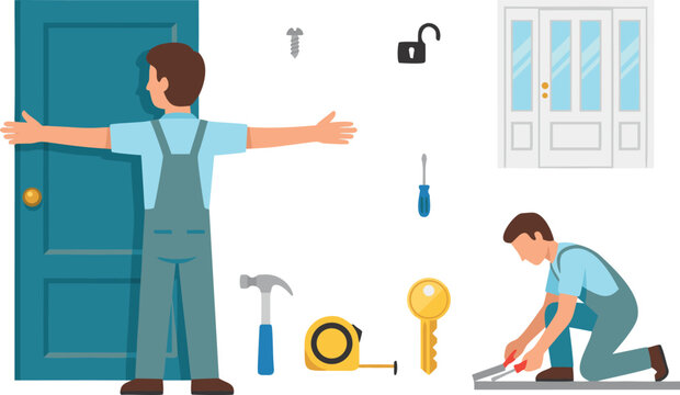 Door Installation and Carpentry Handyman Vector Character Set featuring Repairman Measuring Wooden Doors with Tools, Locksmith Key, Tape Measure, and Screwdriver Graphics