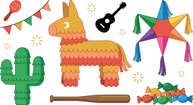 Mexican Fiesta Pinata Vector Icon Set featuring Donkey and Star Pinatas, Cactus, Maraca, Guitar Silhouette, Bunting Garland Flag, Candy, and Wooden Bat Graphics