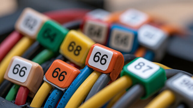 Bright macro detail of numbered cable labels attached to a dense but organized group of network wires, shallow depth of field and clean technical setting, cable labels, network wires,