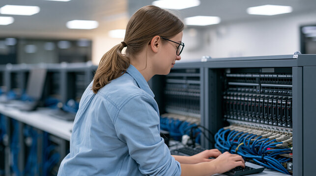Attractive young woman working at a high-performance computing station, over-the-shoulder faceless view with organized cable connections and bright modern laboratory lighting, woman