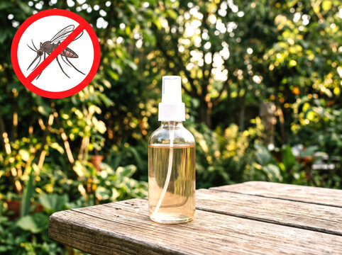 Mosquito repellent spray bottle on a wooden table in a garden with a no mosquito sign. Suitable for ads, product packaging, pest control promotions, blogs, banners, preventive care, and e-commerce.