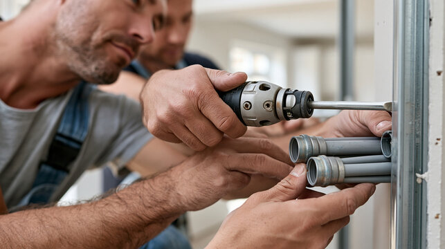 Construction workers installing plasterboard walls with visible neatly routed electrical conduits and cables, faceless cropped action in a bright clean renovation interior, construction,
