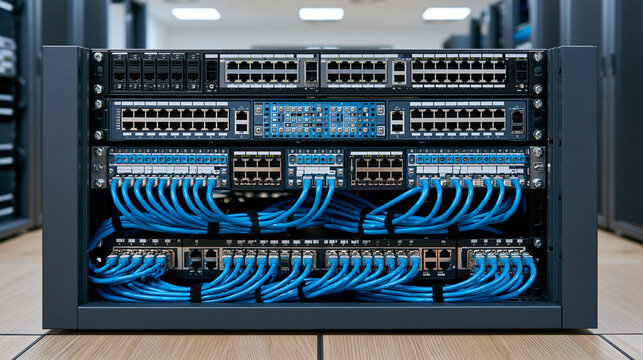 Network data rack filled with switches, patch panels and carefully routed cables, frontal symmetrical composition in a bright modern technical room, network rack, networking equipment,