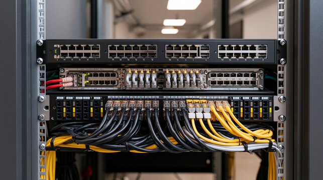 Network data rack filled with switches, patch panels and carefully routed cables, frontal symmetrical composition in a bright modern technical room, network rack, networking equipment,
