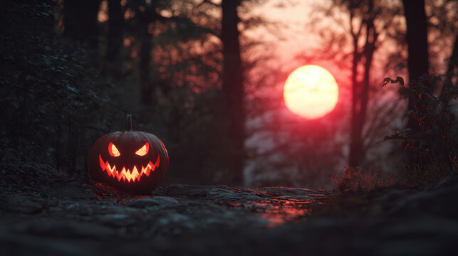 Halloween pumpkin glowing in dark forest
