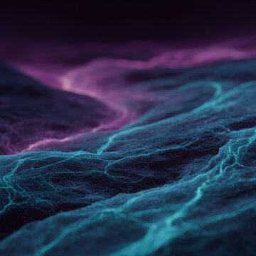 Glowing blue and purple neural network lines run across a dark fibrous textured surface under moody atmospheric lighting.