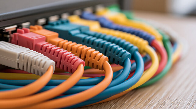 Macro close-up of colored computer network cables plugged into a switch, organized rows of connectors under bright clean technical lighting, network cables, ethernet, switch, connectors,
