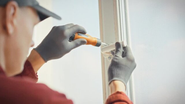 A technician in uniform and gloves unscrews fastening elements of a plastic window with an orange screwdriver. Concept of professional repair and restoration of window mechanism functionality