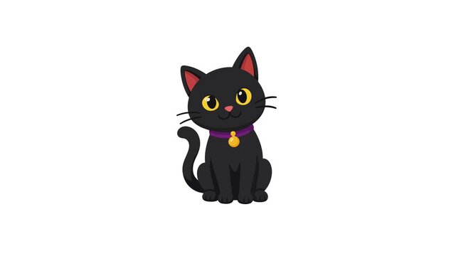 Black cat animated cute kitten with collar blinking and wagging tail on 4k white background