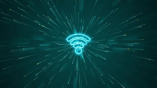 Motion graphic of a glowing wifi symbol with radiating lines and flying particles, highlighting high speed wireless internet, 5g network capabilities, and fast data transmission.