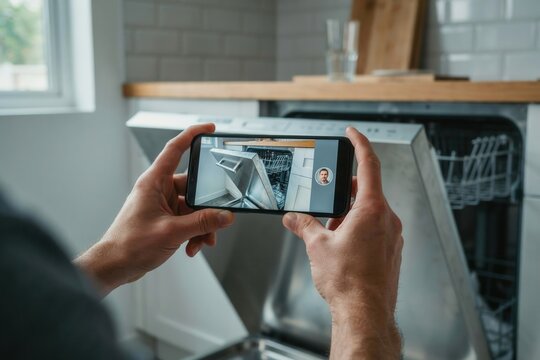 Homeowner using smartphone video call to show dishwasher problem to technician, remote repair consultation and appliance service concept