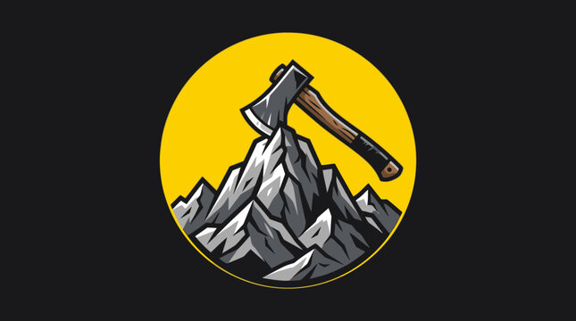 Axe and mountain peak emblem in yellow circle.