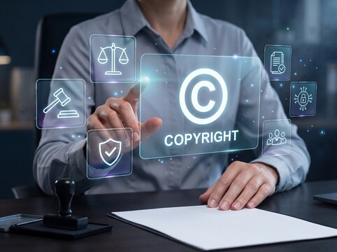 Professional copyright management featuring holographic intellectual property icons and digital compliance technology